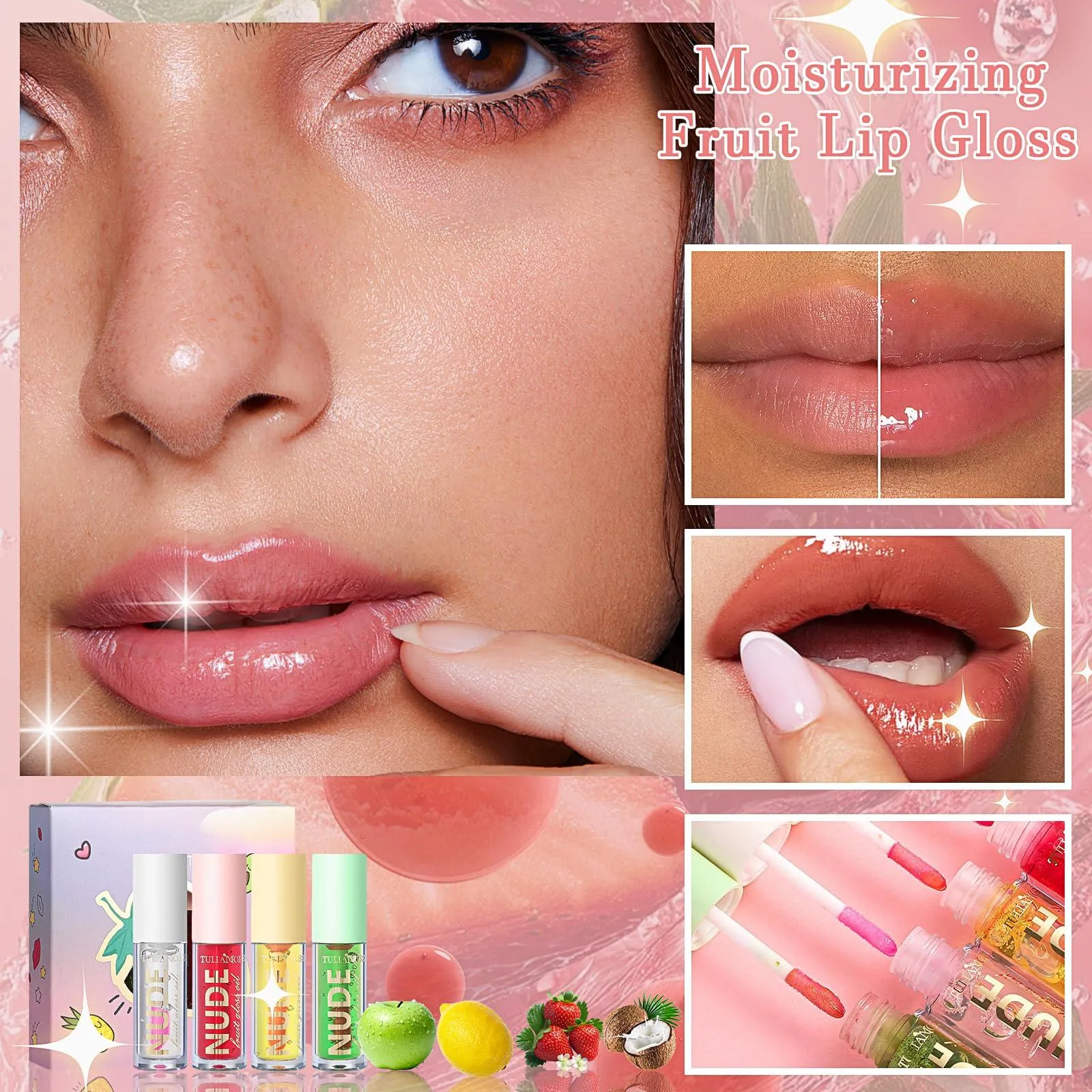 4Pcs Fruit Color Changing Lip Gloss Lipstick Set, Coconut Strawberry Orange Apple