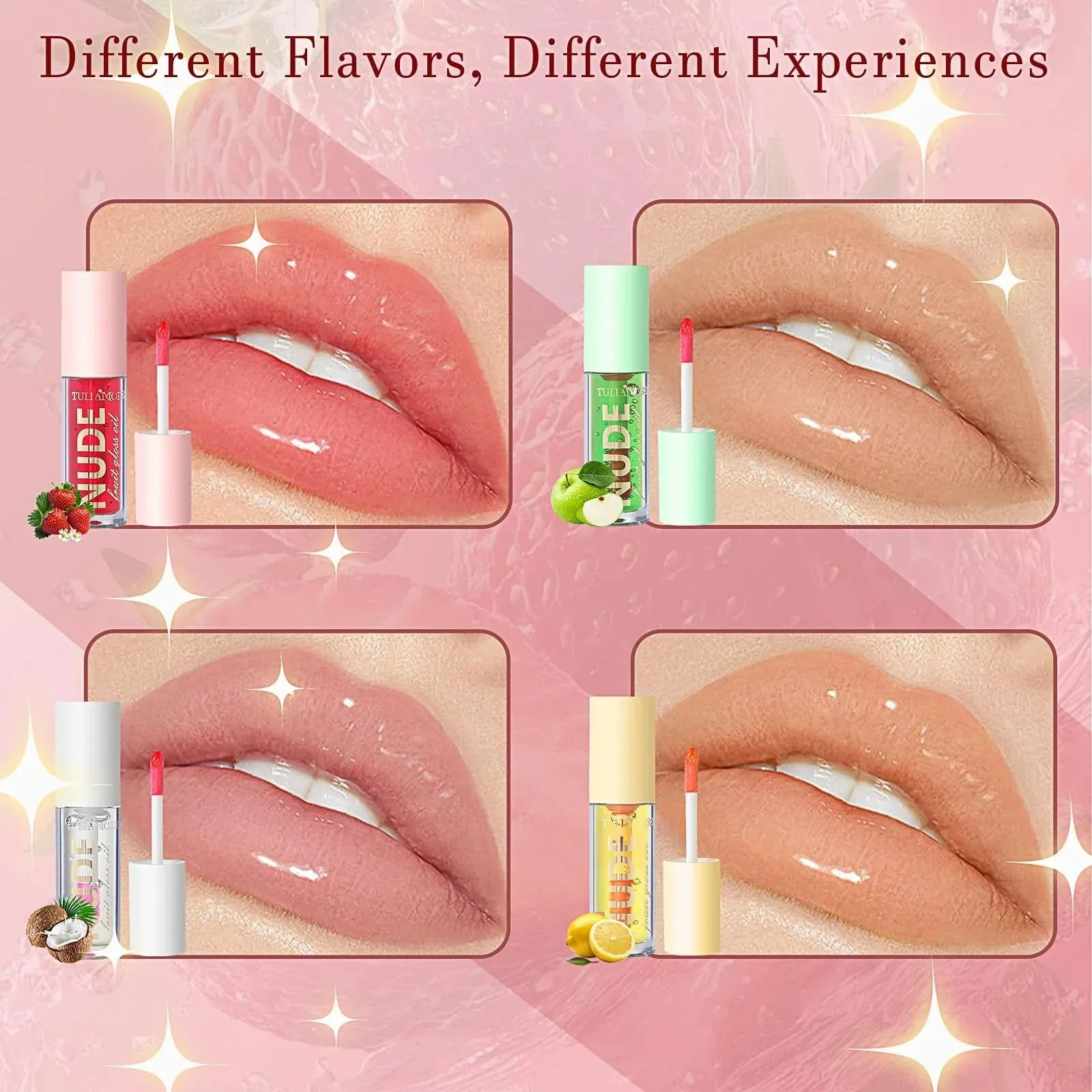 4Pcs Fruit Color Changing Lip Gloss Lipstick Set, Coconut Strawberry Orange Apple
