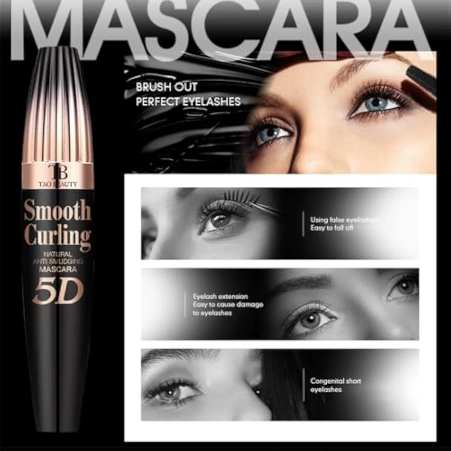5D Fiber Mascara for Lengthening & Volumizing, Waterproof Smudge-Proof Mascara Buildable for Dramatic False Lash Effect, Clump-Free & Flake-Free