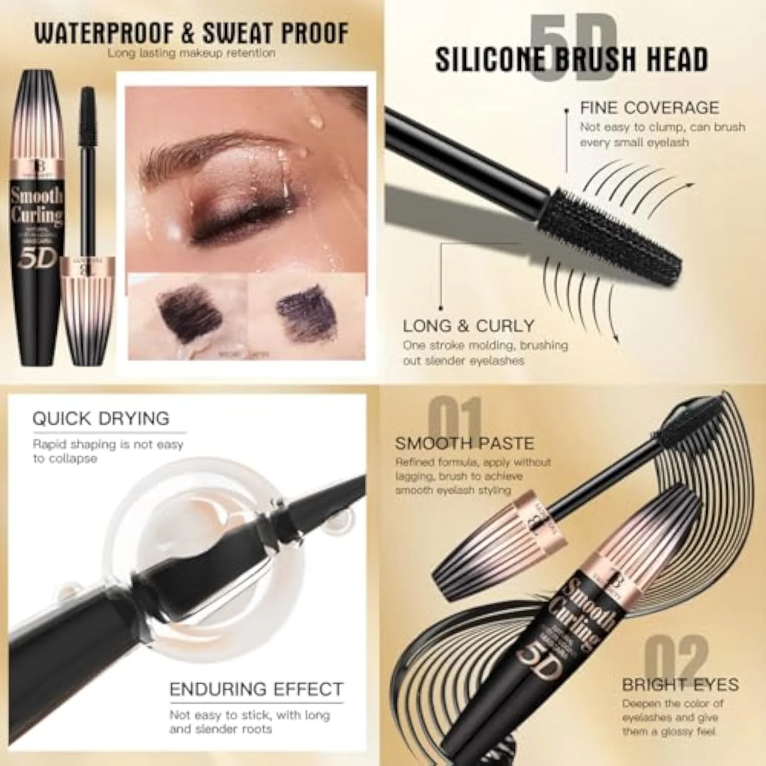 5D Fiber Mascara for Lengthening & Volumizing, Waterproof Smudge-Proof Mascara Buildable for Dramatic False Lash Effect, Clump-Free & Flake-Free