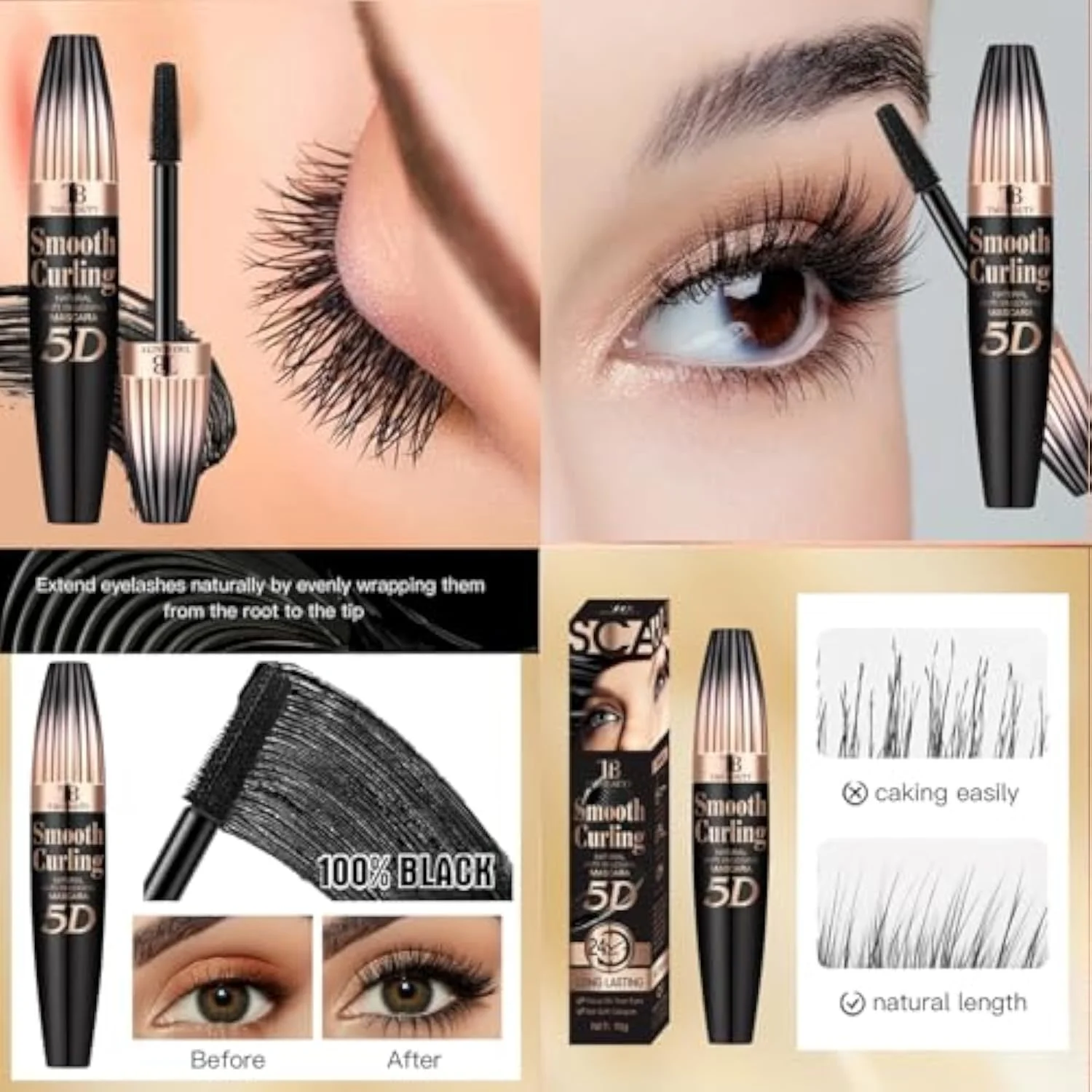 5D Fiber Mascara for Lengthening & Volumizing, Waterproof Smudge-Proof Mascara Buildable for Dramatic False Lash Effect, Clump-Free & Flake-Free