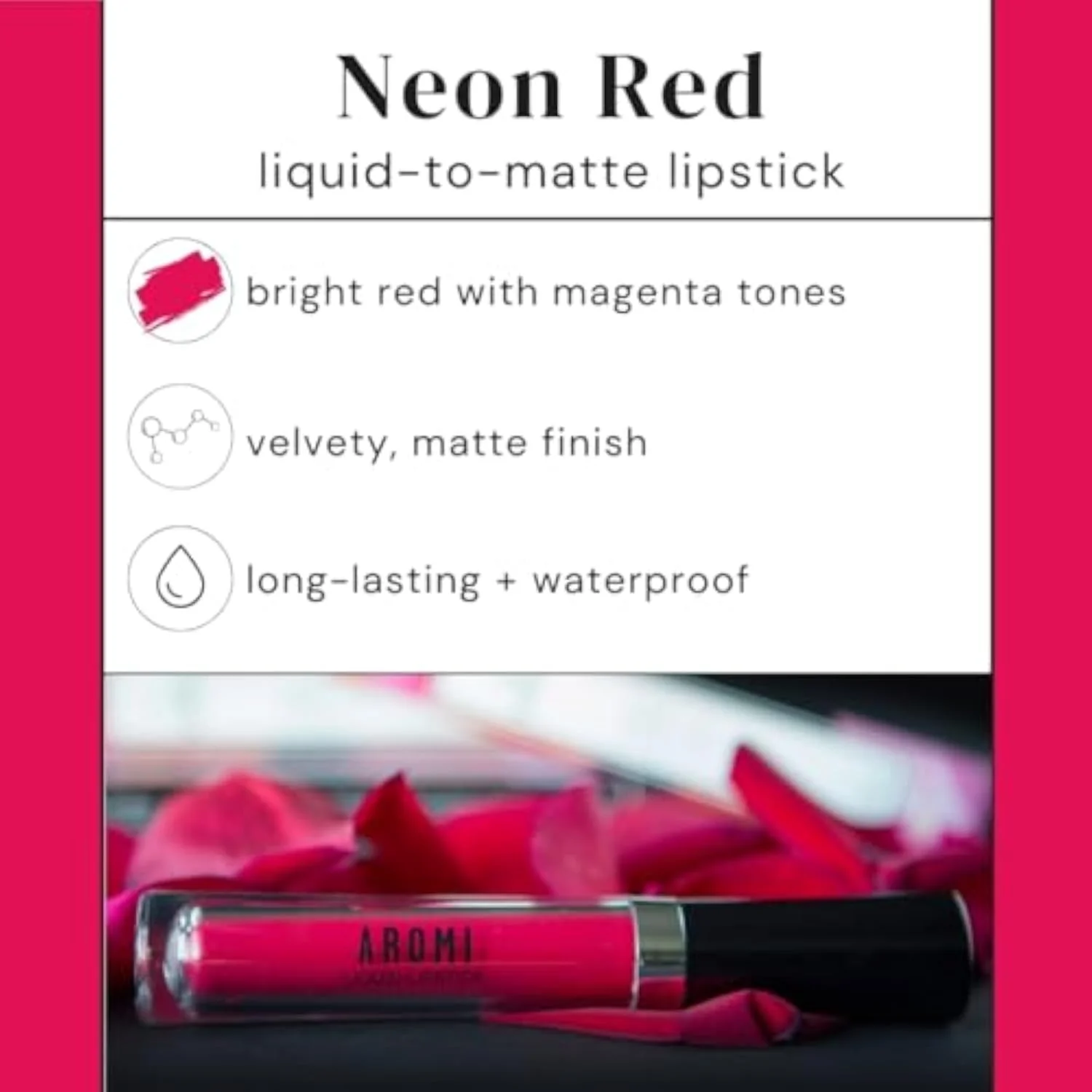 Magenta Red Matte Liquid Lipstick | Long-lasting, Bright Lip Color for Women, Vegan, Waterproof, Gluten Free (Neon Red)