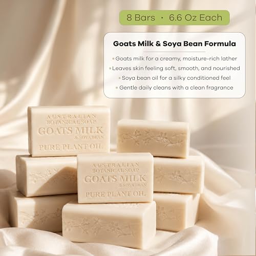 Australian Botanical Soap 6.6 OZ, Pack of 8, Goat Milk Soap Bars with Soya Bean Oil, Enric