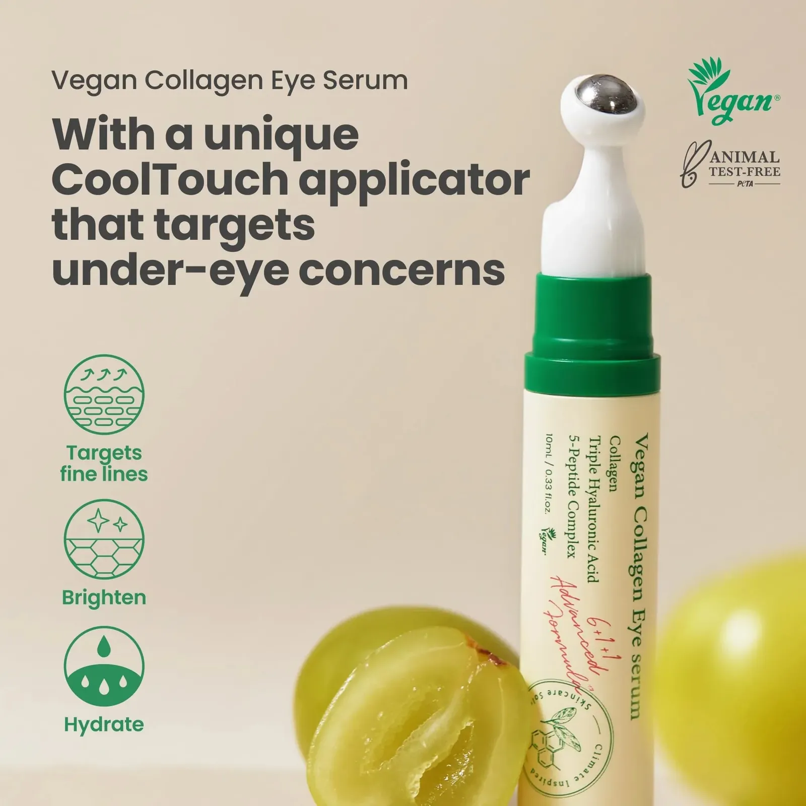 Vegan Eye Serum with Hyaluronic Acid, Peptide, Collagen