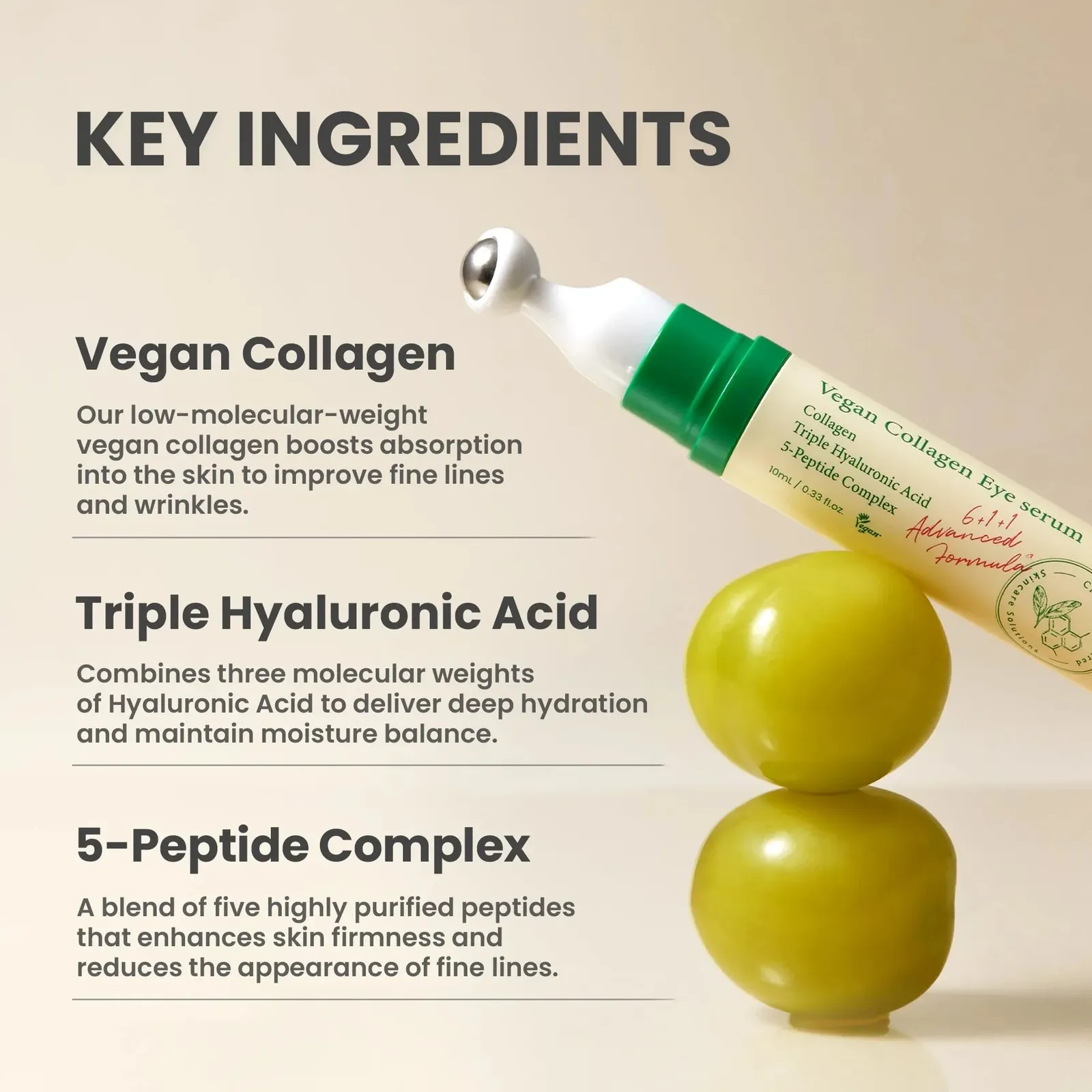 Vegan Eye Serum with Hyaluronic Acid, Peptide, Collagen