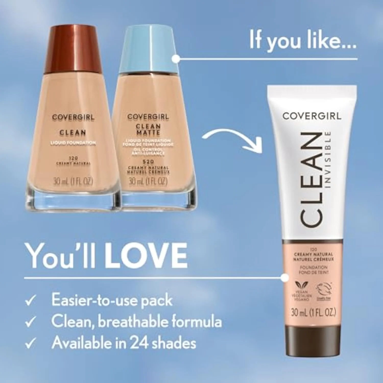 Clean Invisible Foundation Makeup, Dewy & Glowy Natural Finish, Buildable Coverage, Skin-Like Smooth Look, Vegan, Classic Ivory, 1oz