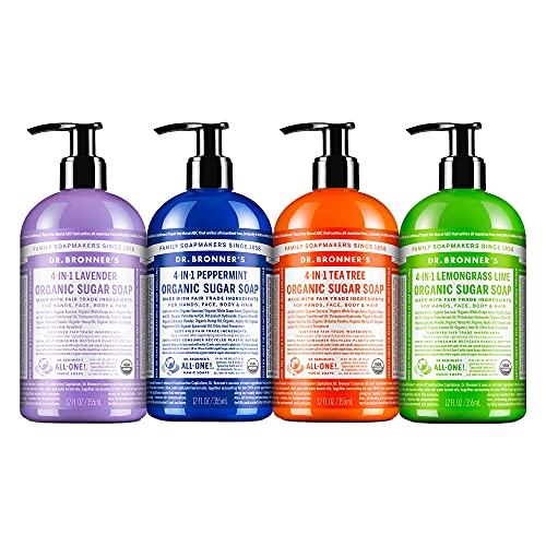 Organic Sugar Soap (12 oz Variety Pack) Lavender, Peppermint, Tea Tree, & Lemongrass - Made with Organic Oils, Sugar & Shikakai Powder, 4-in-1 Use: Hands, Body, Fac