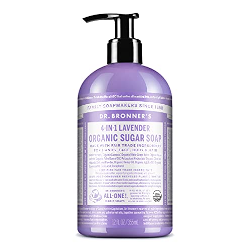 Organic Sugar Soap (Lavender, 12 Ounce) - Made with Organic Oils, Sugar and Shikakai Powder, 4-in-1 Uses: Hands, Body, Face and Hair, Cleanses, Moisturizes and Nour