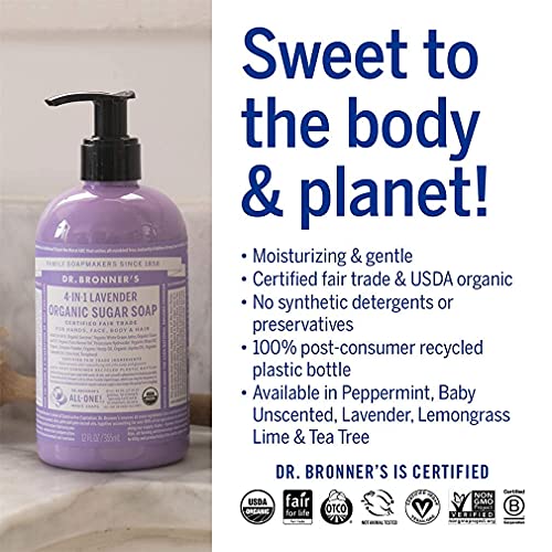 Organic Sugar Soap (Lavender, 12 Ounce) - Made with Organic Oils, Sugar and Shikakai Powder, 4-in-1 Uses: Hands, Body, Face and Hair, Cleanses, Moisturizes and Nour