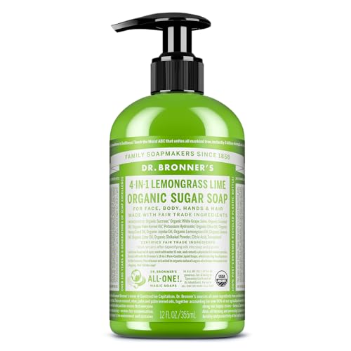 Organic Sugar Soap (Lemongrass, 12 Ounce) - Made with Regenerative Certified Organic Oils, Sugar & Shikakai Powder, 4-in-1 Use: Hands, Body, Face and Hair- Liquid Soa