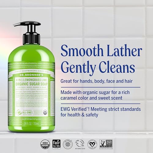 Organic Sugar Soap (Lemongrass, 12 Ounce) - Made with Regenerative Certified Organic Oils, Sugar & Shikakai Powder, 4-in-1 Use: Hands, Body, Face and Hair- Liquid Soa