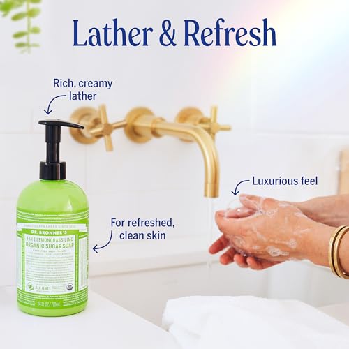 Organic Sugar Soap (Lemongrass, 12 Ounce) - Made with Regenerative Certified Organic Oils, Sugar & Shikakai Powder, 4-in-1 Use: Hands, Body, Face and Hair- Liquid Soa