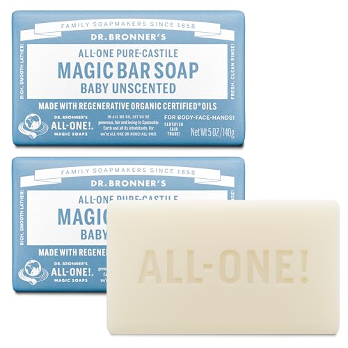 Pure-Castile Bar Soap (Baby Unscented, 5 ounce, 2-pack) - Made with Organic Oils, For Face, Body, Hair, Gentle for Sensitive Skin, Babies, No Added Fragrance, Biode