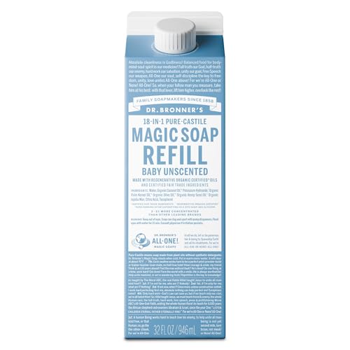 Pure-Castile Liquid Soap Refill - Made with Regenerative Organic Certified Oils, 86% Less Plastic - 18-in-1 Uses, For Face, Body Wash, Hand Soap Refill & More - Baby
