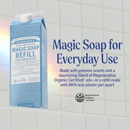 Pure-Castile Liquid Soap Refill - Made with Regenerative Organic Certified Oils, 86% Less Plastic - 18-in-1 Uses, For Face, Body Wash, Hand Soap Refill & More - Baby