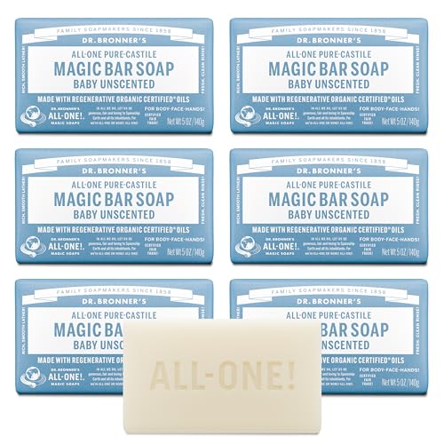 Pure-Castile Magic Bar Soap (Baby Unscented, 5 oz, 6-Pack) - Made with Regenerative Organic Certified Oils, For Face, Body & Hair, Gentle for Sensitive Skin - Vegan,