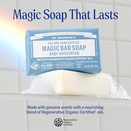Pure-Castile Magic Bar Soap (Baby Unscented, 5 oz, 6-Pack) - Made with Regenerative Organic Certified Oils, For Face, Body & Hair, Gentle for Sensitive Skin - Vegan,