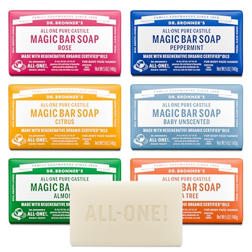 Pure-Castile Magic Bar Soaps (5 Ounce Variety Gift Pack) Almond, Unscented, Lavender, Peppermint, Citrus, Rose - Made with Regenerative Organic Certified Oils, Vegan,