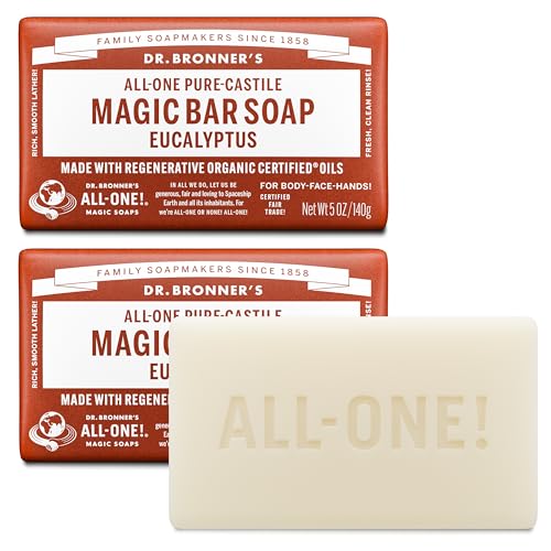 Pure-Castile Magic Bar Soaps - Made with Regenerative Organic Certified Oils - For Face, Body, Hair- Vegan Soap Bars for Men & Women - Eucalyptus 2 pack, 5 oz