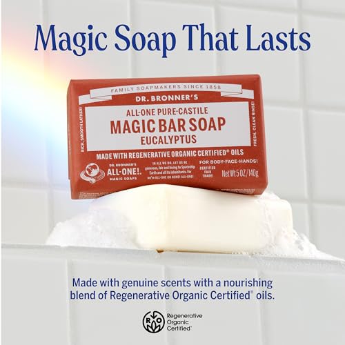 Pure-Castile Magic Bar Soaps - Made with Regenerative Organic Certified Oils - For Face, Body, Hair- Vegan Soap Bars for Men & Women - Eucalyptus 2 pack, 5 oz
