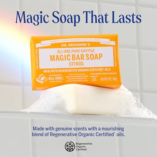 Pure-Castile Magic Bar Soaps - Made with Regenerative Organic Certified Oils - For Face, Body, Hair- Vegan Soap Bars for Men & Women - Citrus, 2 pack, 5 oz