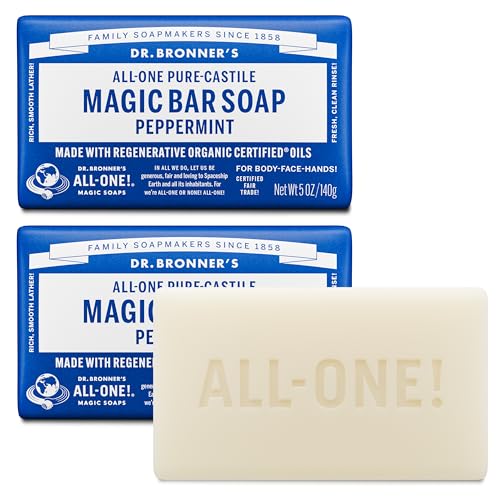 Pure-Castile Magic Bar Soaps (Peppermint, 5oz, 2-Pack) – Made with Regenerative Organic Certified Oils, Soap Bars for Men & Women, Gentle for Face & Body, Vegan, Non-
