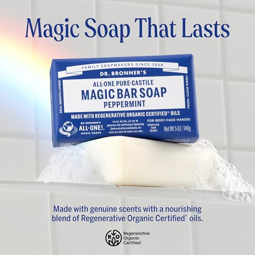 Pure-Castile Magic Bar Soaps (Peppermint, 5oz, 2-Pack) – Made with Regenerative Organic Certified Oils, Soap Bars for Men & Women, Gentle for Face & Body, Vegan, Non-
