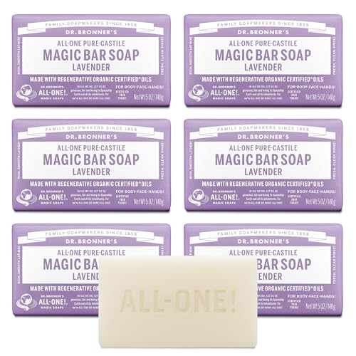 Pure-Castile Magic Soap Bars (Lavender, 5 oz, 6-Pack)- Bath Soap with Regenerative Organic Certified Oils- For Face, Body & Hair - Gentle, Biodegradable, Vegan- Bar S