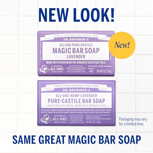 Pure-Castile Magic Soap Bars (Lavender, 5 oz, 6-Pack)- Bath Soap with Regenerative Organic Certified Oils- For Face, Body & Hair - Gentle, Biodegradable, Vegan- Bar S