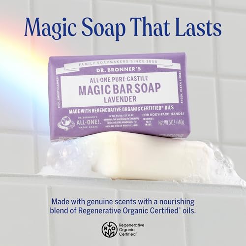 Pure-Castile Magic Soap Bars (Lavender, 5 oz, 6-Pack)- Bath Soap with Regenerative Organic Certified Oils- For Face, Body & Hair - Gentle, Biodegradable, Vegan- Bar S