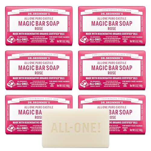 Pure-Castile Magic Soap Bars (Rose, 5 oz, 6-Pack)- Made with Regenerative Organic Certified Oils- For Face, Body & Hair - Gentle, Vegan- Bar Soaps for Men & Women