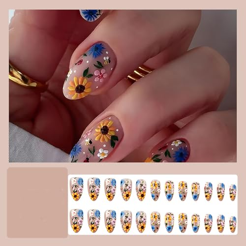 24Pcs Flower Press On Nails Medium Almond Fake Nails Spring Nails Press Ons With Floral Da