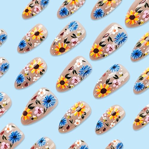 24Pcs Flower Press On Nails Medium Almond Fake Nails Spring Nails Press Ons With Floral Da