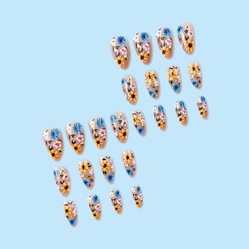 24Pcs Flower Press On Nails Medium Almond Fake Nails Spring Nails Press Ons With Floral Da