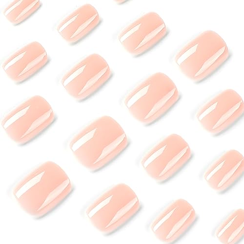 24Pcs Press On Nails Short Square Fake Nails Nude Pink Nails Press Ons Acrylic False Nails