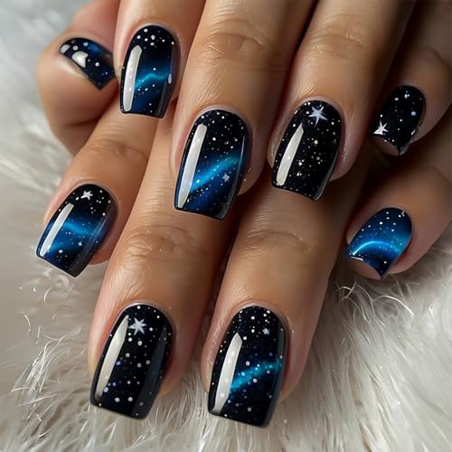 Press On Nails Short Square Fake Nails Black Blue Nails Press Ons With Star Designs Full C