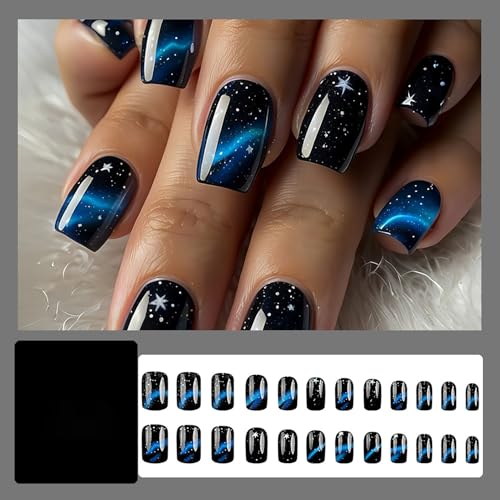 Press On Nails Short Square Fake Nails Black Blue Nails Press Ons With Star Designs Full C