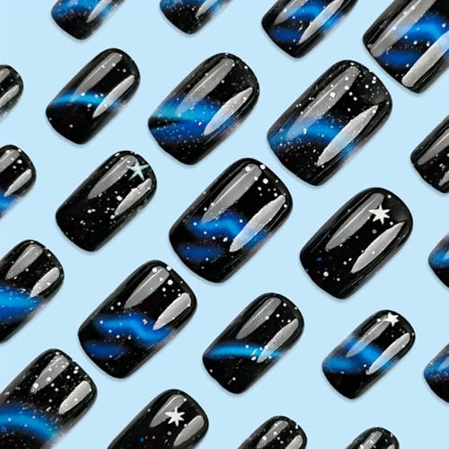 Press On Nails Short Square Fake Nails Black Blue Nails Press Ons With Star Designs Full C