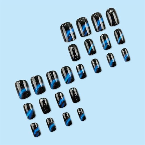 Press On Nails Short Square Fake Nails Black Blue Nails Press Ons With Star Designs Full C