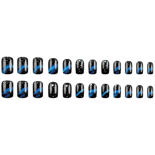 Press On Nails Short Square Fake Nails Black Blue Nails Press Ons With Star Designs Full C