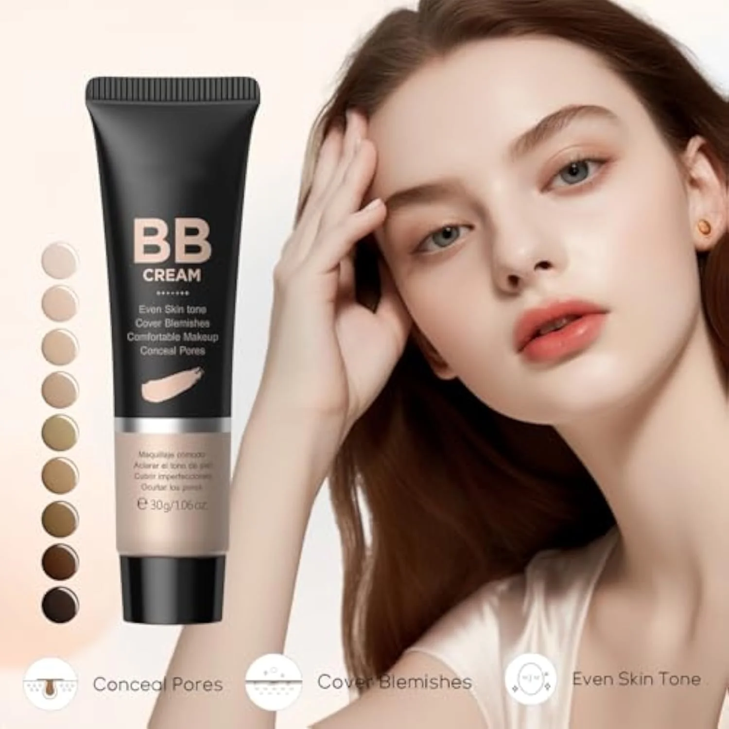 Hydrating BB Cream Tinted Moisturizer, 9Colors Full-Coverage Foundation & Concealer, Brighten Skin Tone & Cover Pores, Oil Control & Cover Flaws,Natural Finish for All S