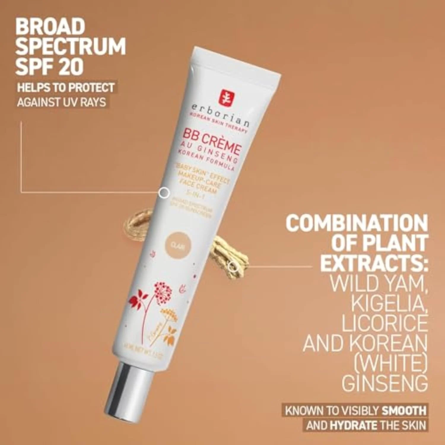 BB Cream with Ginseng, Fair (Clair) - Lightweight Buildable Coverage with SPF 20 & Ultra-Soft Matte Finish Minimizes Pores & Imperfections - Korean Face Skincare - 0.5 Oz