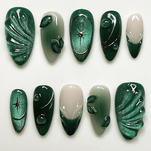 24pcs Green Press on Nails Medium Almond Fake Nails with 3D Leaf Water Drop Designs French