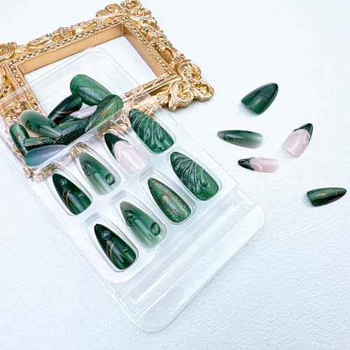 24pcs Green Press on Nails Medium Almond Fake Nails with 3D Leaf Water Drop Designs French