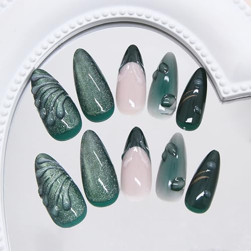 24pcs Green Press on Nails Medium Almond Fake Nails with 3D Leaf Water Drop Designs French