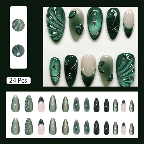 24pcs Green Press on Nails Medium Almond Fake Nails with 3D Leaf Water Drop Designs French