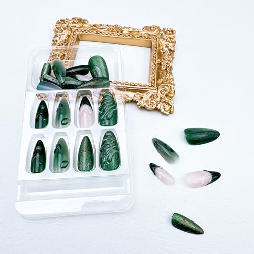 24pcs Green Press on Nails Medium Almond Fake Nails with 3D Leaf Water Drop Designs French