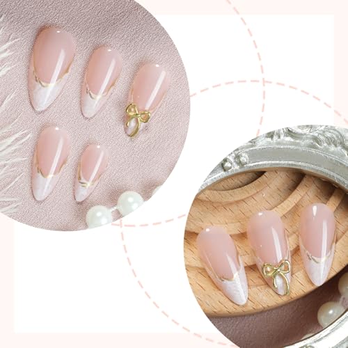 24pcs White French Tip Press on Nails Medium Almond Fake Nails with 3D Bow Acrylic Nails D