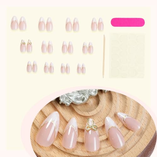 24pcs White French Tip Press on Nails Medium Almond Fake Nails with 3D Bow Acrylic Nails D