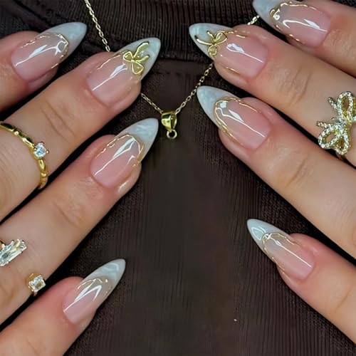 24pcs White French Tip Press on Nails Medium Almond Fake Nails with 3D Bow Acrylic Nails D